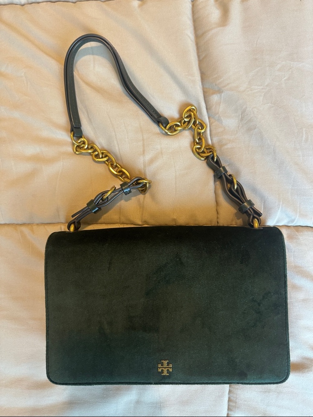 Tory Burch Dark Green Suede Shoulder Bag with Gold Chain Strap
